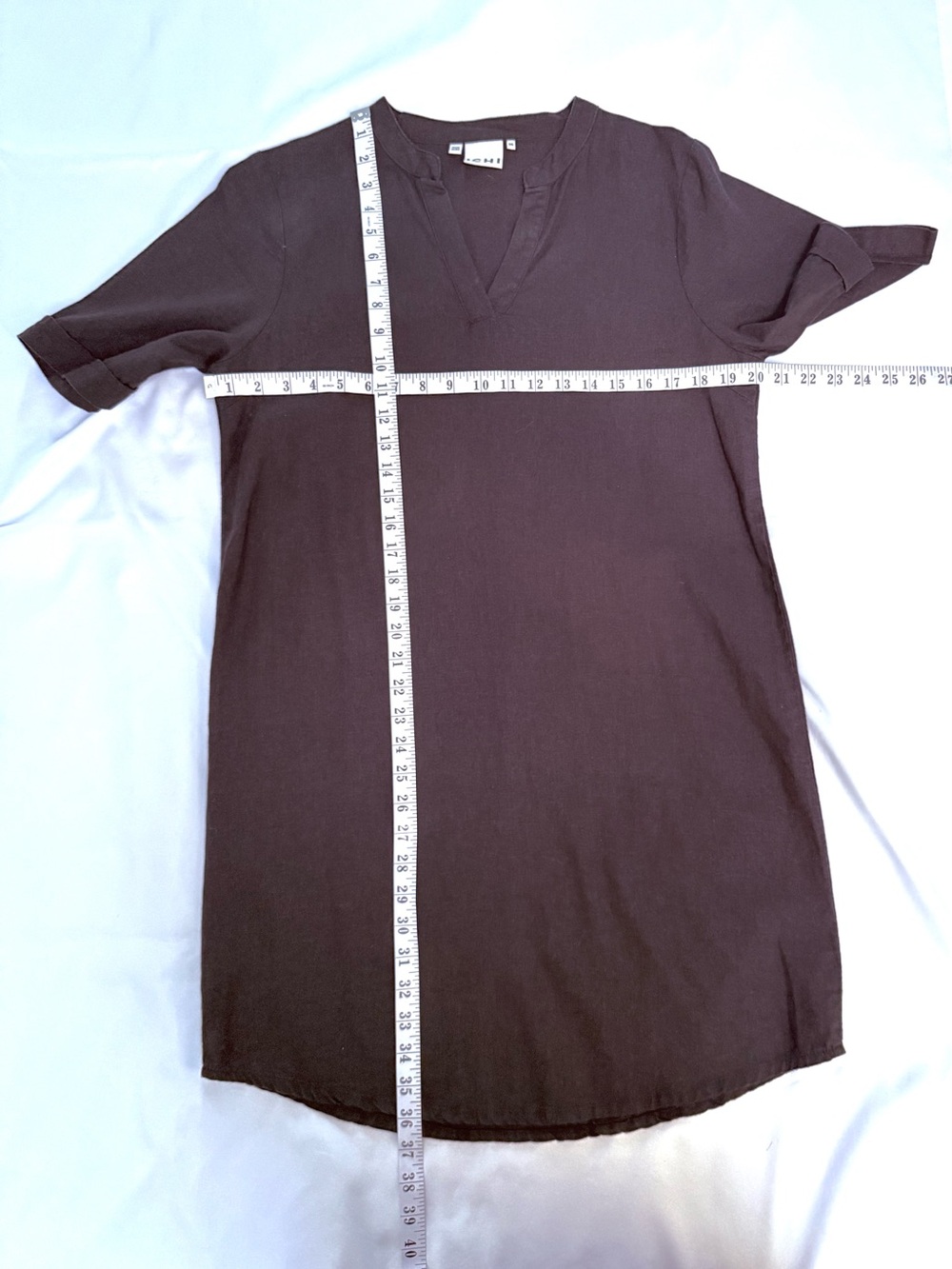 ICHI IHLINO Linen Day Dress Minimal Black Split-Neck Shift Dress Euro Summer - Picture 13 of 15
